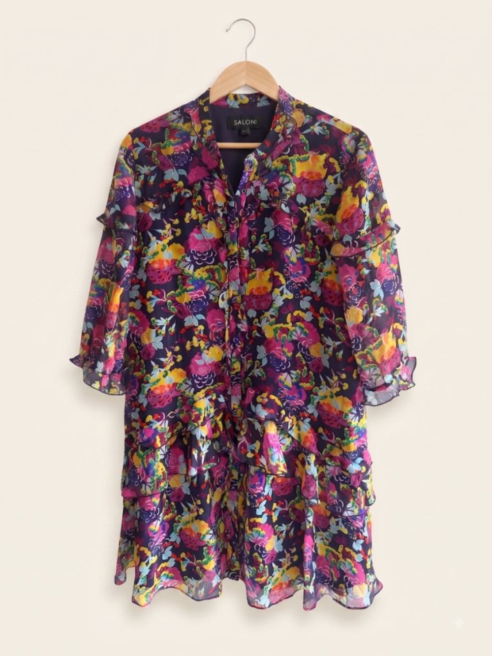 SALONI Tilly Ruffle Silk Floral Dress Size 8 Medium